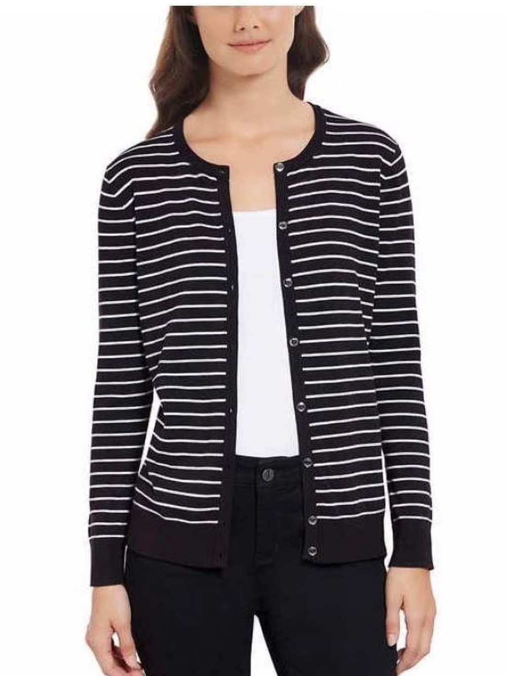 Jones New York Black and White Striped Stretch Knit Classic Cardigan